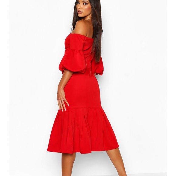 Plunge Puff Sleeve Frill Hem Midi Dress - Picture 2 of 5